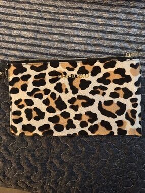 Michael Kors Leopard-Print Zip Clutch with Gold Logo